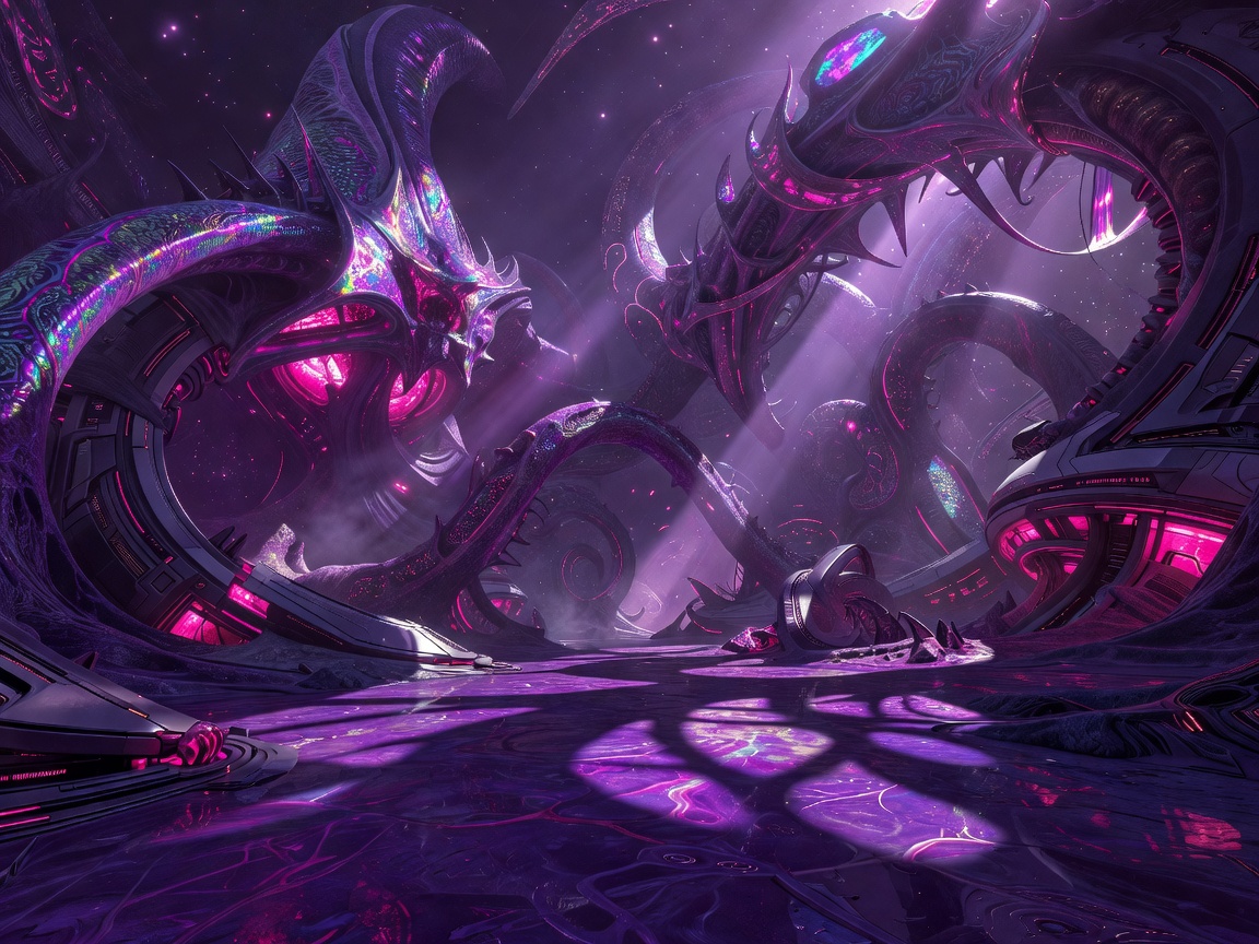 Cinematic monster inspired abstract violet and magenta futuristic environment