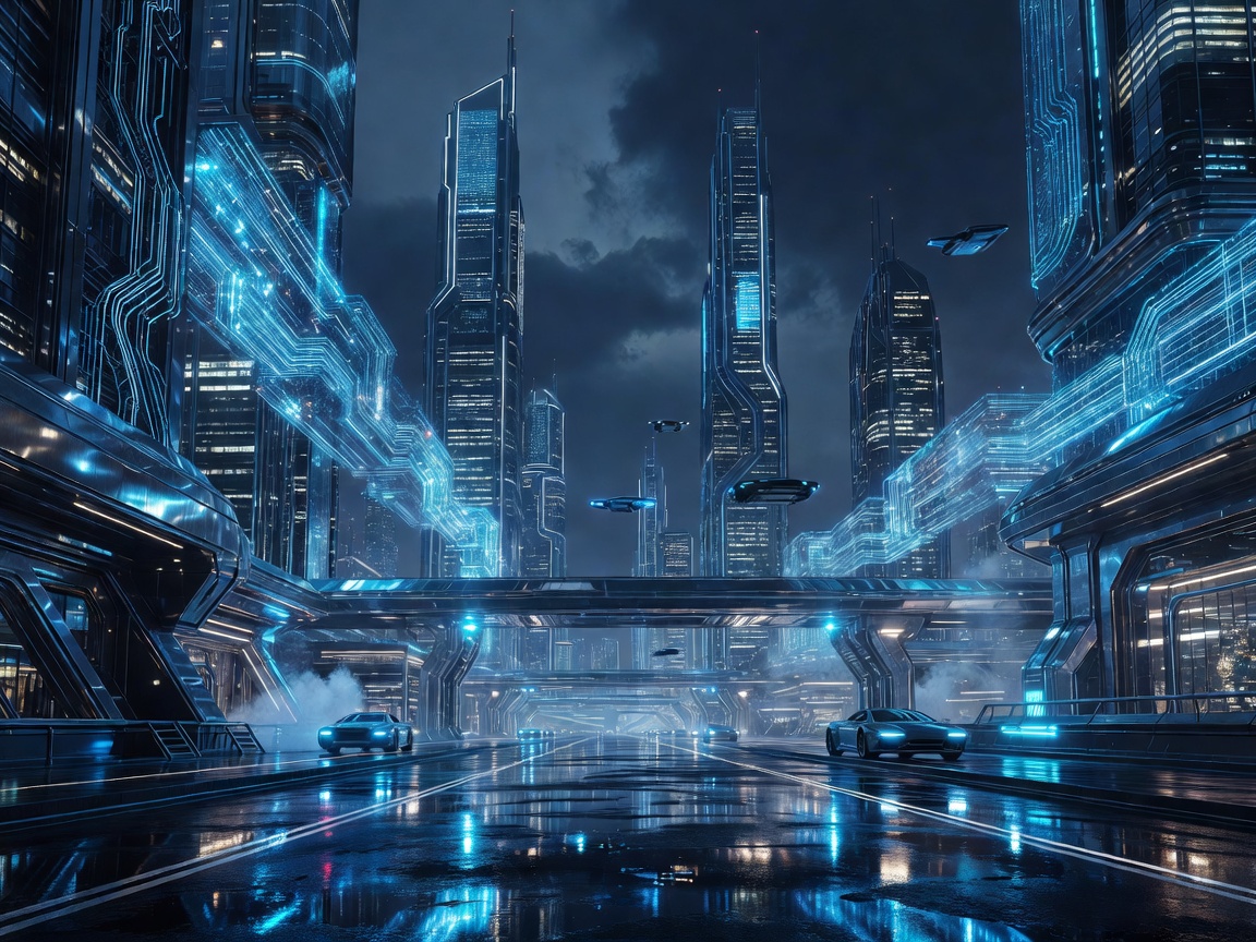 Realistic futuristic cyber city at night with blue and cyan lighting
